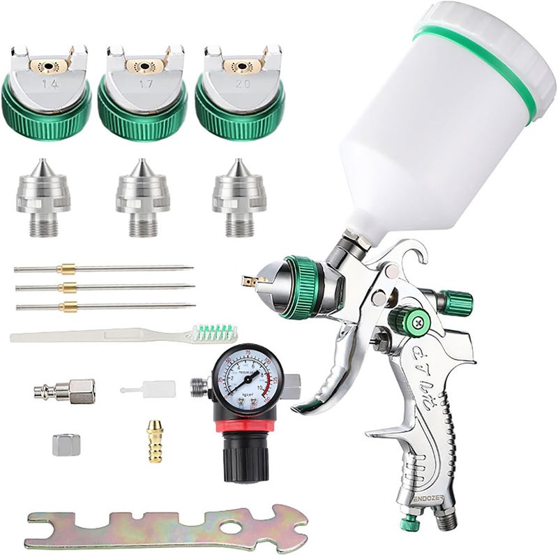 ENDOZER Professional HVLP Spray Gun Set Gravity Feed Air Spray Gun with 1.4, 1.7, 2.0mm Nozzles 20oz 600cc with Gauge for Auto Paint, Primer, Clear/Top Coat & Touch-Up (Not Suitable for Latex Paint) - Image 1